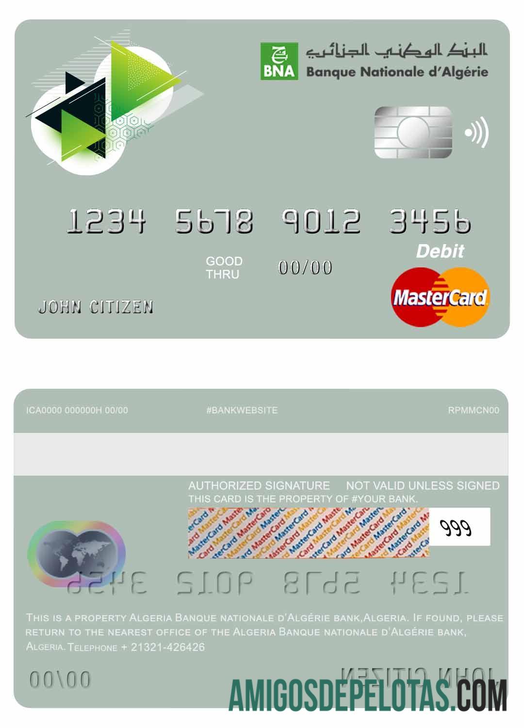 Argélia Banque Nationale D'Algérie (BNA) Banco Mastercard Cartão de Débito exemplo